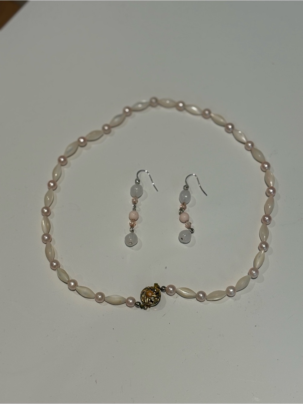Vintage Mother of Pearl Necklace and Beaded Matching Earring Set